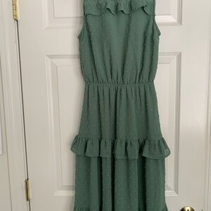 Monteau Green Swiss Dot tiered midi dress